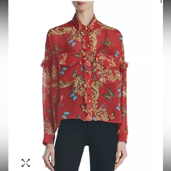 SOLD 100% Silk The Kooples Butterfly and Ruffled leaf Silk Button Up Sheer Red B - Picture 3 of 4